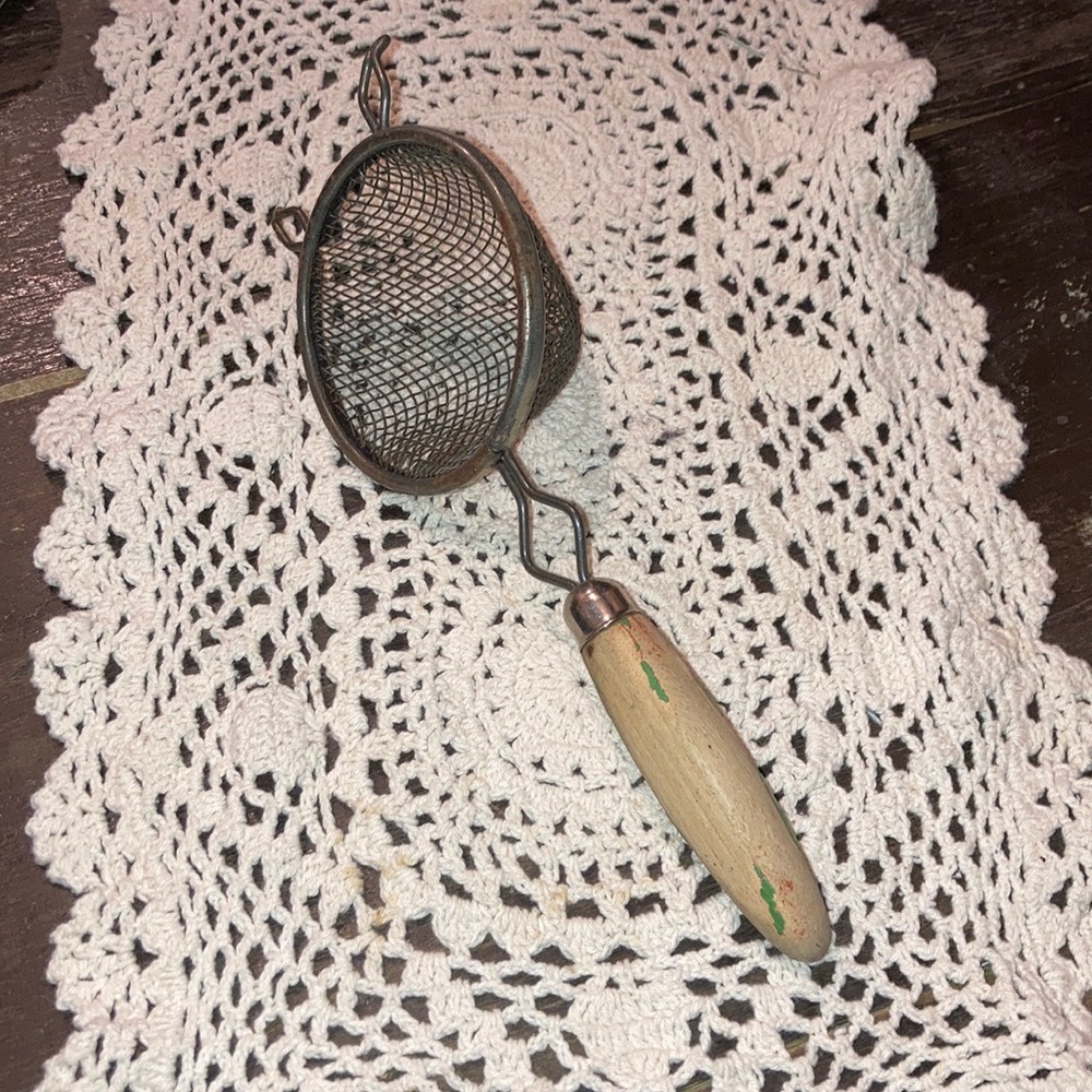 Antique Primitive Tea Strainer with Wooden Handle